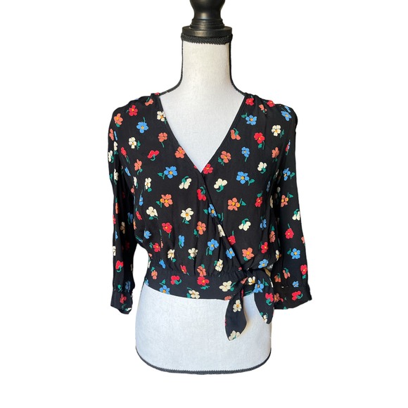 Madewell Black Colorful Floral Wrap Top in Pressed Flowers Size XXS 3/4 Sleeve - Picture 1 of 7